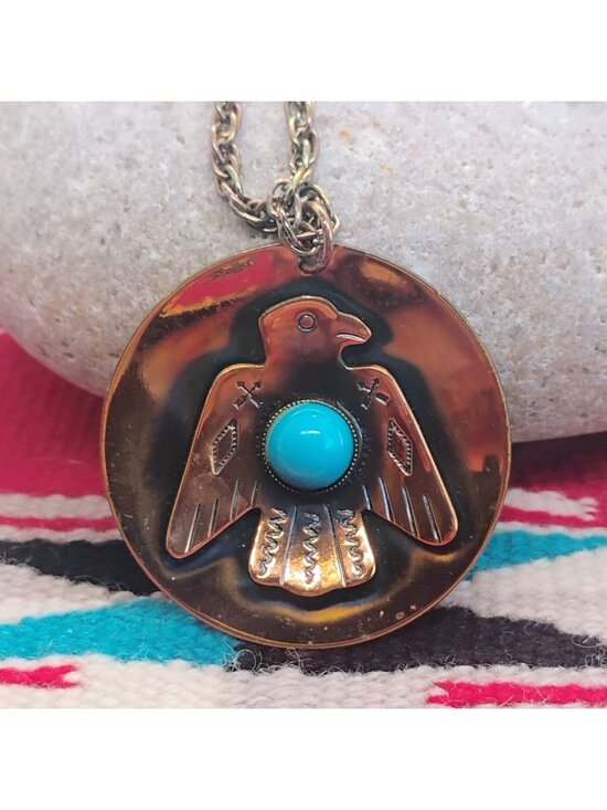 Unknown Other - Vtg Copper Thunderbird Medallion Pendant Necklace w/Faux Turquoise 2" Diameter